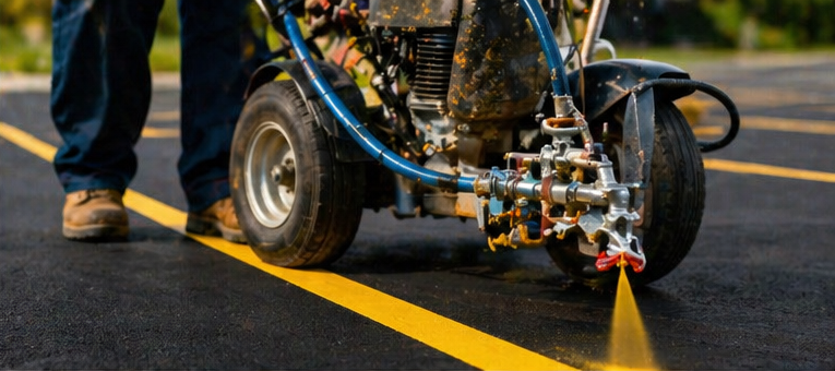 Parking lot striping machine painting a yellow line
